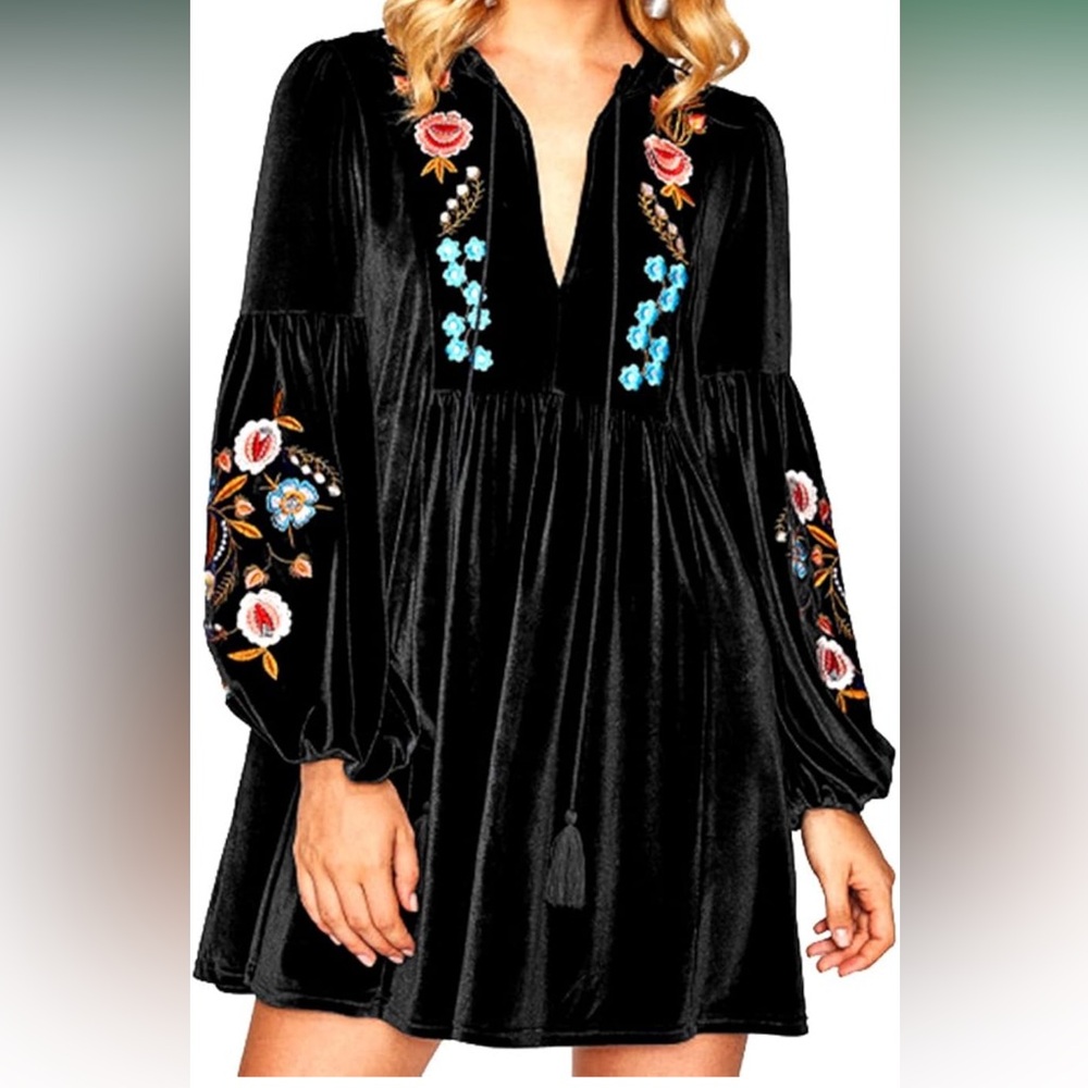 Black velvet  Dress with Colorful Embroidery